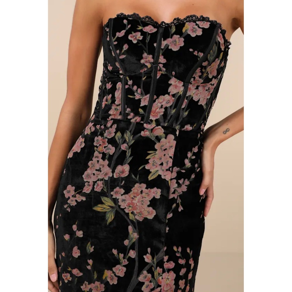 Lulus Luxurious Allure Black Burnout Velvet Strapless Corset Maxi Dress S 2842